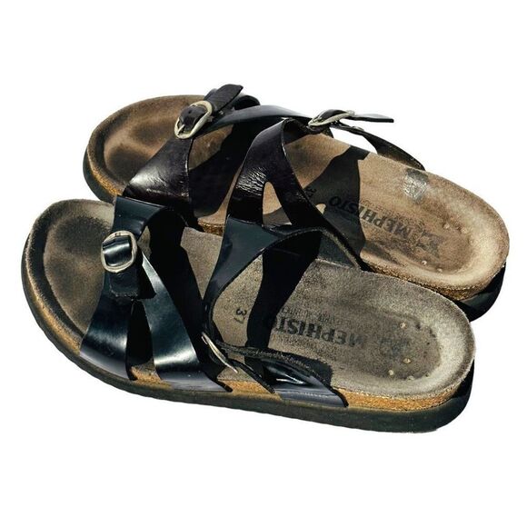 Mephisto Womens Sandals Cork Footbed Double Strap Buckle Slip On Black Size 37 / - Picture 3 of 5